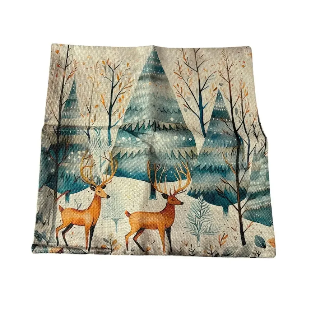 NWT New‎ Winter Wonderland Deer Holiday 4 Piece Set 100% Linen Pillowcase Covers